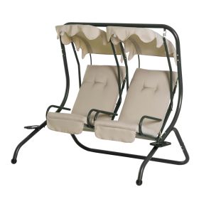 Patio Swing Chair 2-Seater with Cup Holder Beige Modern Outdoor Porch Seats Removable Canopy