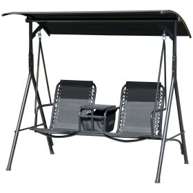 2-Seat Outdoor Porch Swing, with Pivot Storage Table, Cup Holder, & Adjustable Overhead Canopy, Stand's Skid-Resistant Feet Pad, Breathable Mesh