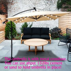Square 2.5X2.5M Outdoor Patio Umbrella Solar Powered LED Lighted Sun Shade Market Waterproof 8 Ribs Umbrella with Crank and Cross Base for Garden