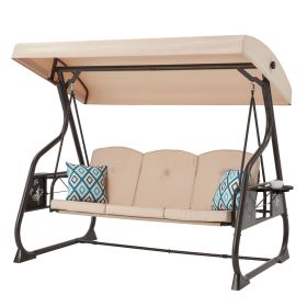 3-Seat Patio Porch Swing with Stand (Color: Khaki)