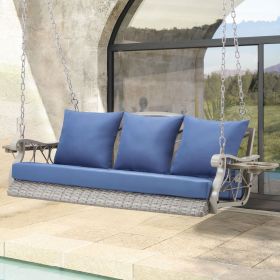 3-Person Wicker Porch Swing Chair 900 LBS Heavy Duty with Cup Holder for Patio (Color: Light Blue)