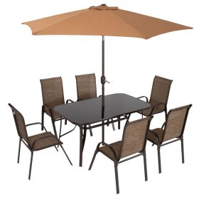 8 Pieces Patio Furniture Set with 9Ft Patio Umbrella, Outdoor Dining Table and Chairs, Light Mixed Brown (Title: Default Title)